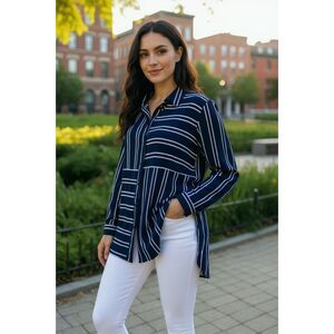 Allison Daley - Navy blue white striped long sleeve viscose blouse 16 Petite